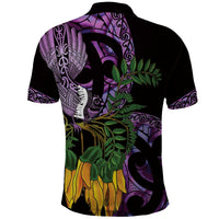 Purple New Zealand Kowhai And Piwakawaka Polo Shirt Maori Ngaru Paua Shell