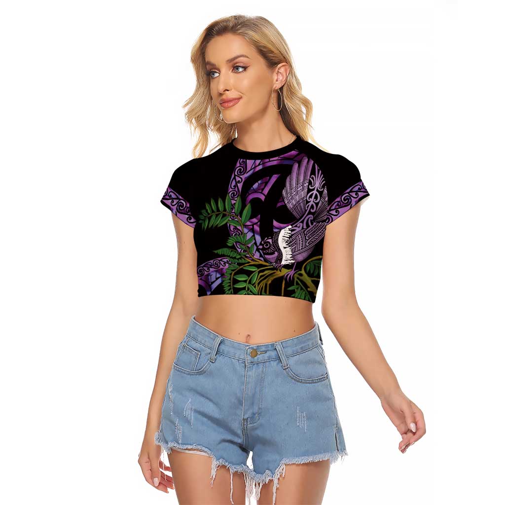 Purple New Zealand Kowhai And Piwakawaka Raglan Cropped T Shirt Maori Ngaru Paua Shell