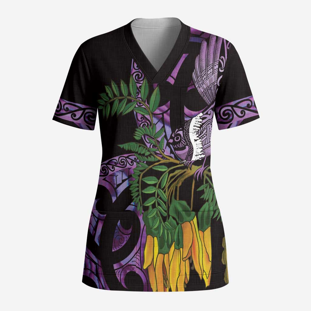 Purple New Zealand Kowhai And Piwakawaka Scrub Top Maori Ngaru Paua Shell - Polynesian Pride