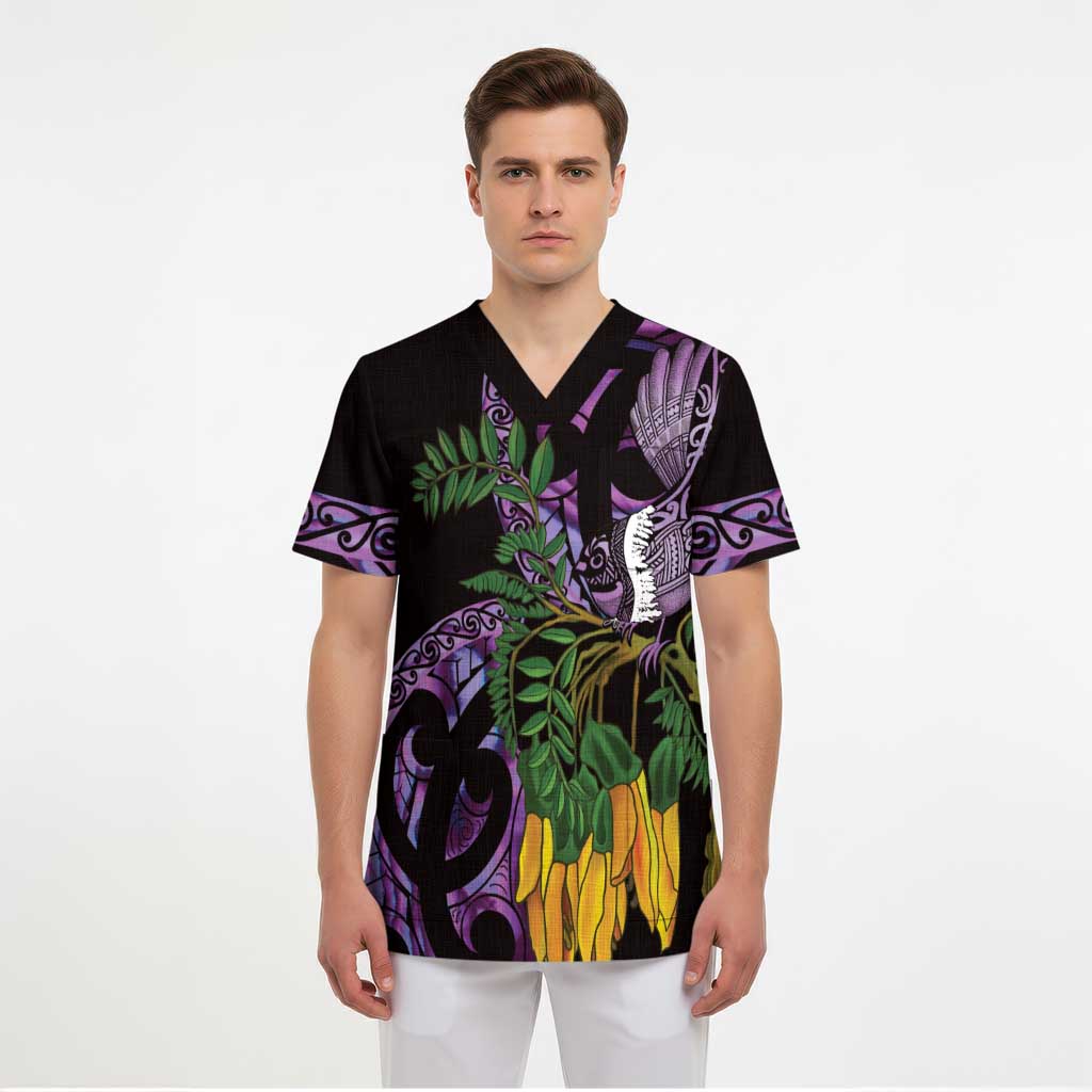 Purple New Zealand Kowhai And Piwakawaka Scrub Top Maori Ngaru Paua Shell - Polynesian Pride