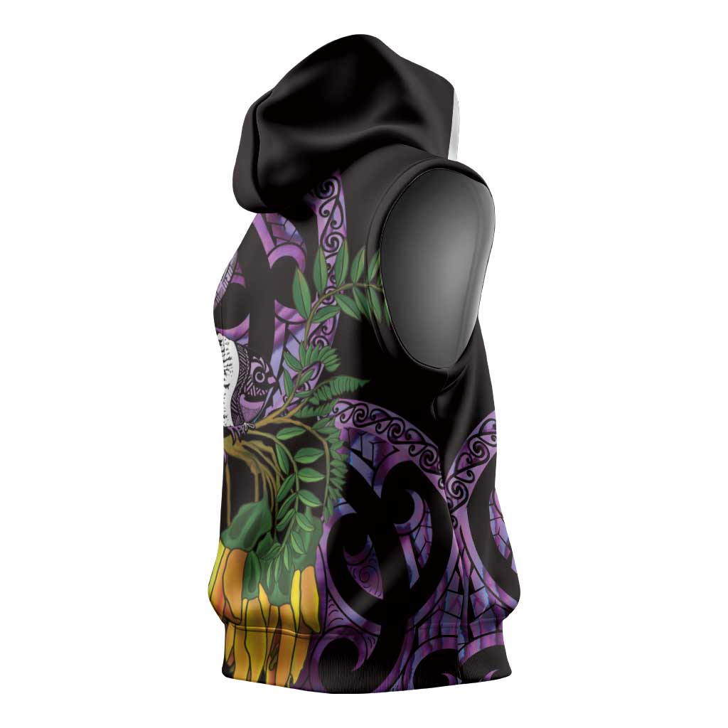 Purple New Zealand Kowhai And Piwakawaka Sleeveless Hoodie Maori Ngaru Paua Shell - Polynesian Pride