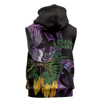 Purple New Zealand Kowhai And Piwakawaka Sleeveless Zip Hoodie Maori Ngaru Paua Shell - Polynesian Pride