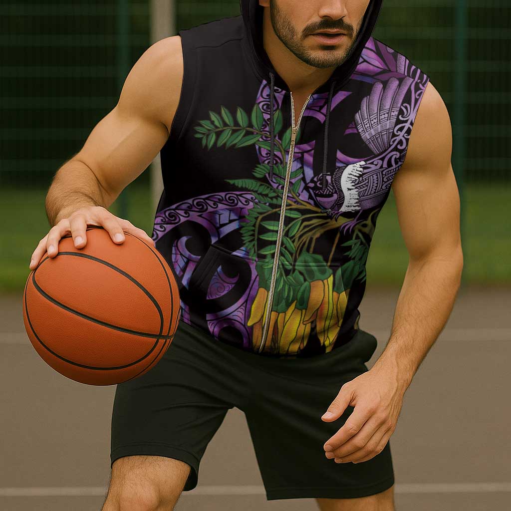 Purple New Zealand Kowhai And Piwakawaka Sleeveless Zip Hoodie Maori Ngaru Paua Shell - Polynesian Pride