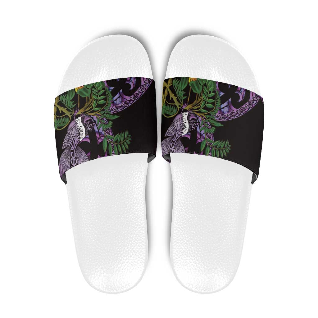 Purple New Zealand Kowhai And Piwakawaka Slide Sandals Maori Ngaru Paua Shell - Polynesian Pride