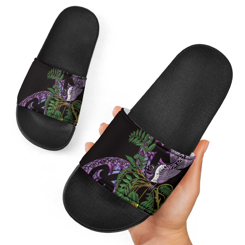 Purple New Zealand Kowhai And Piwakawaka Slide Sandals Maori Ngaru Paua Shell - Polynesian Pride