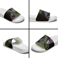 Purple New Zealand Kowhai And Piwakawaka Slide Sandals Maori Ngaru Paua Shell - Polynesian Pride
