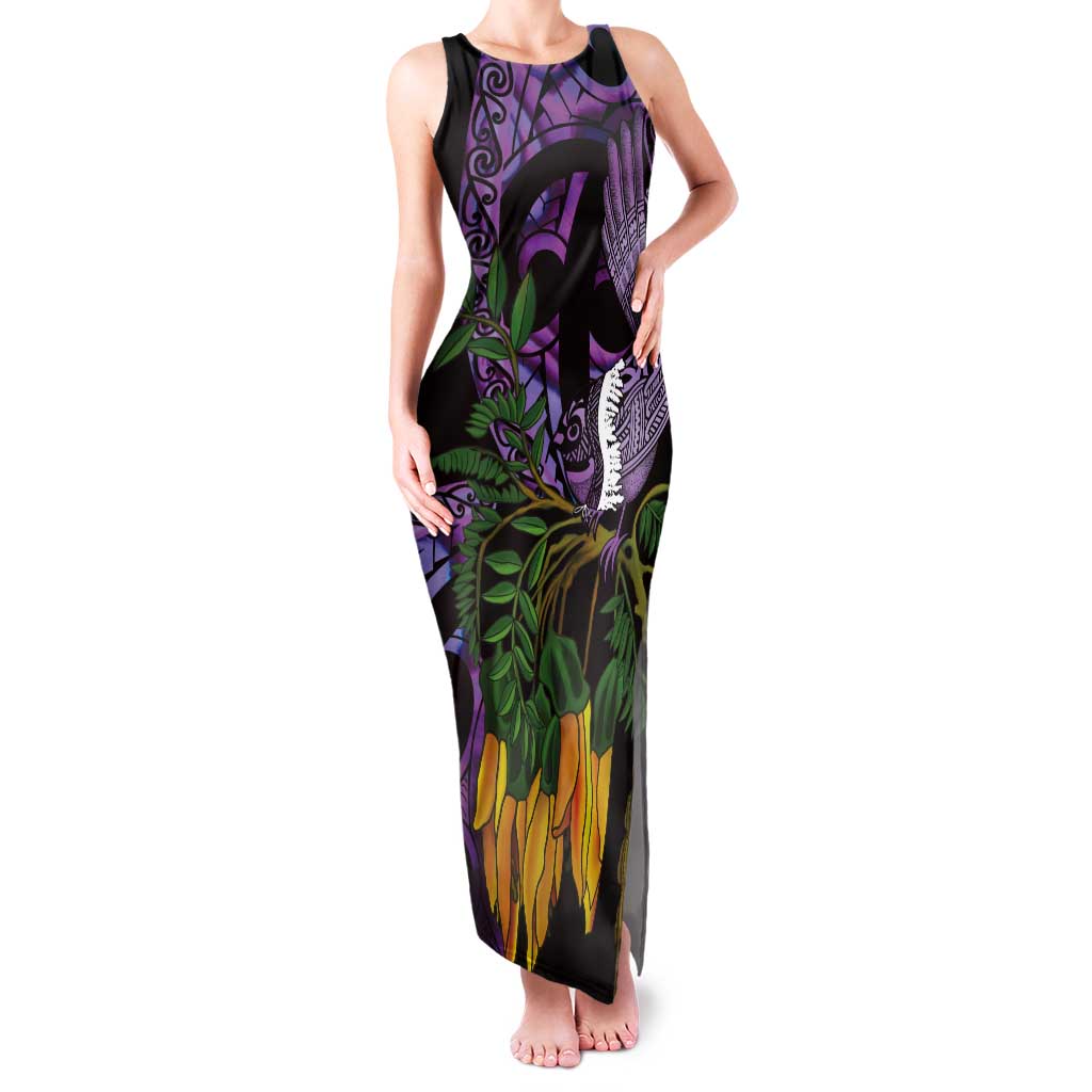 Purple New Zealand Kowhai And Piwakawaka Tank Maxi Dress Maori Ngaru Paua Shell