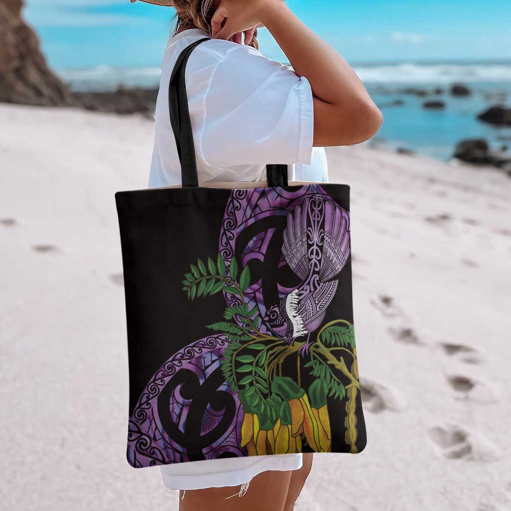 Purple New Zealand Kowhai And Piwakawaka Tote Bag Maori Ngaru Paua Shell - Polynesian Pride