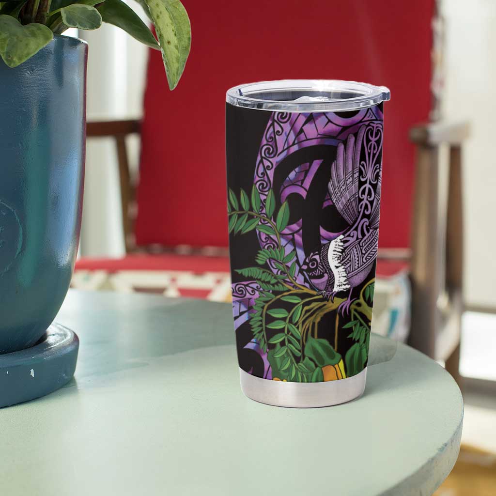 Purple New Zealand Kowhai And Piwakawaka Tumbler Cup Maori Ngaru Paua Shell