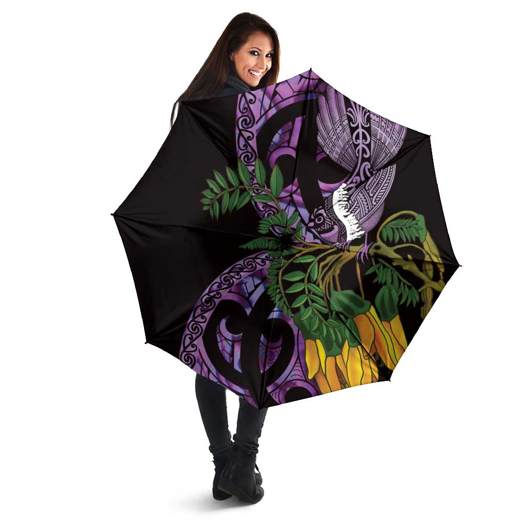 Purple New Zealand Kowhai And Piwakawaka Umbrella Maori Ngaru Paua Shell - Polynesian Pride