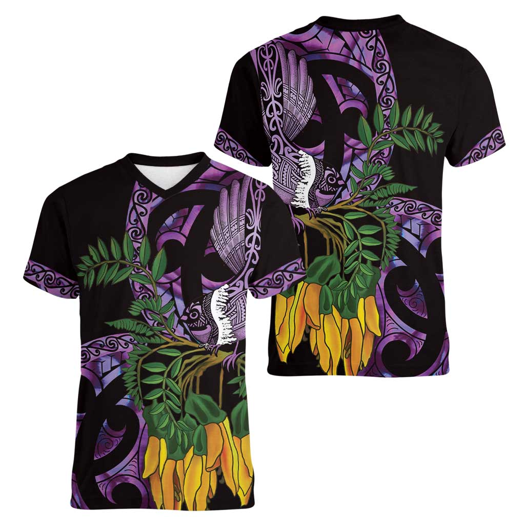 Purple New Zealand Kowhai And Piwakawaka Women V-Neck T-Shirt Maori Ngaru Paua Shell