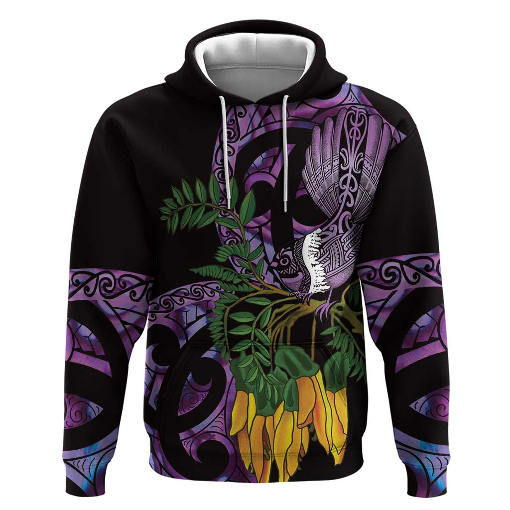 Purple New Zealand Kowhai And Piwakawaka Zip Hoodie Maori Ngaru Paua Shell