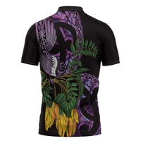 Purple New Zealand Kowhai And Piwakawaka Zipper Polo Shirt Maori Ngaru Paua Shell - Polynesian Pride