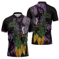 Purple New Zealand Kowhai And Piwakawaka Zipper Polo Shirt Maori Ngaru Paua Shell - Polynesian Pride