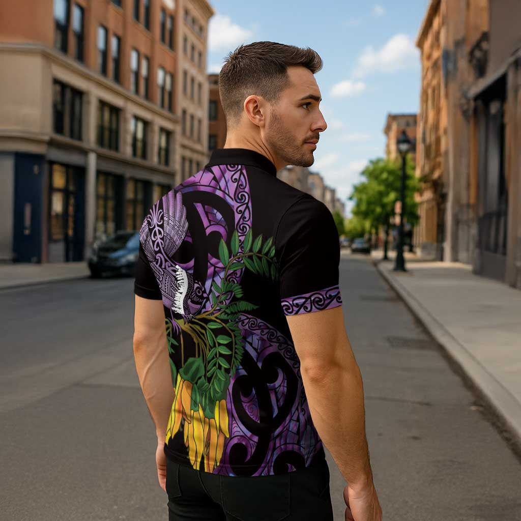 Purple New Zealand Kowhai And Piwakawaka Zipper Polo Shirt Maori Ngaru Paua Shell - Polynesian Pride