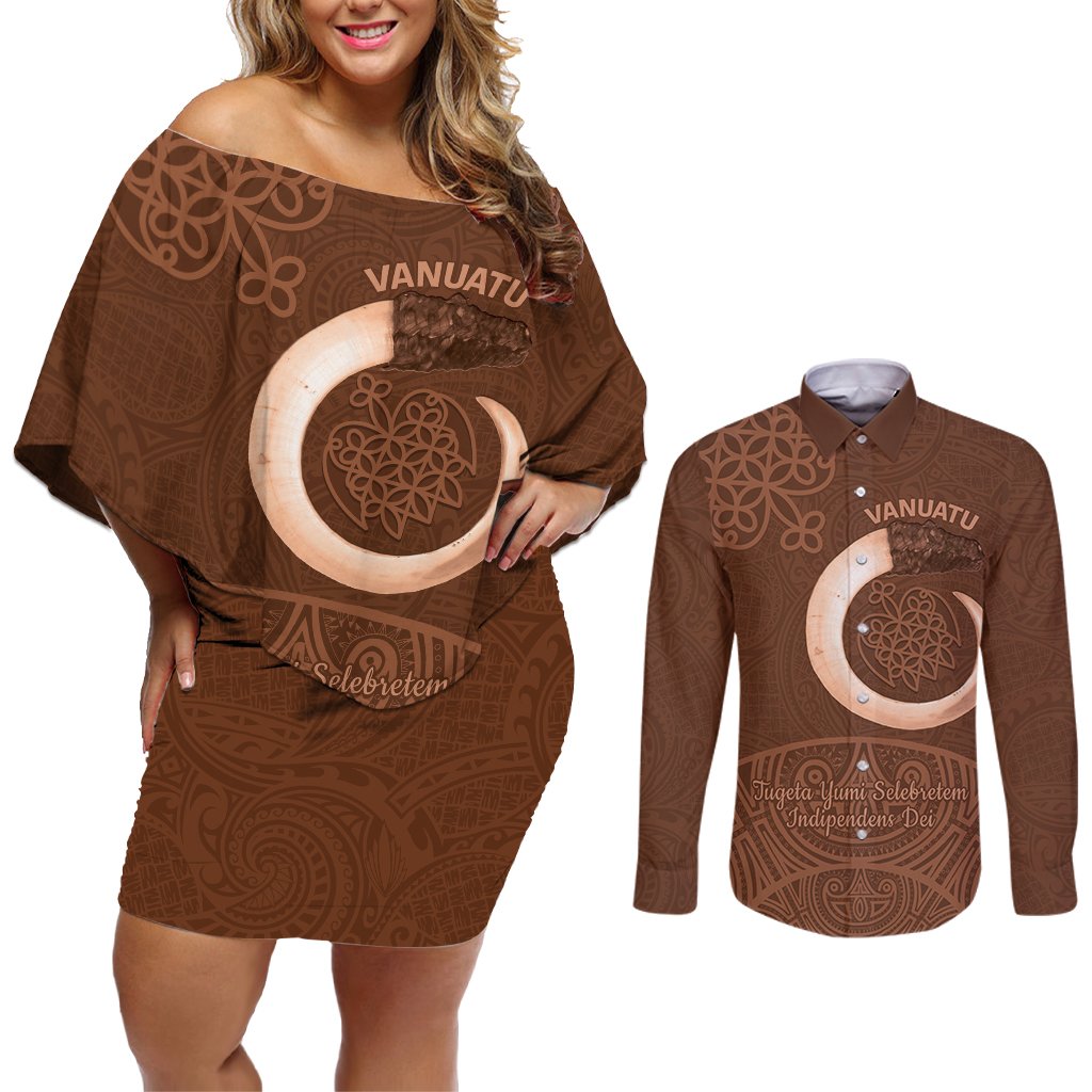 Vanuatu Indipendens Dei Couples Matching Off Shoulder Short Dress and Long Sleeve Button Shirt Yumi Sand Drawing Turtle Mix Lapita LT14 Brown - Polynesian Pride