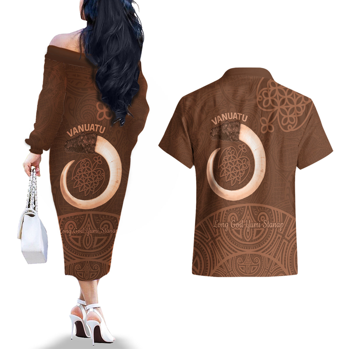Vanuatu Indipendens Dei Couples Matching Off The Shoulder Long Sleeve Dress and Hawaiian Shirt Yumi 44th Sand Drawing Turtle Mix Lapita