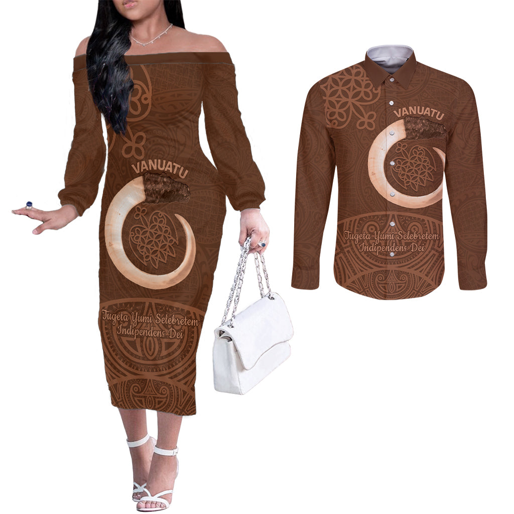 Vanuatu Indipendens Dei Couples Matching Off The Shoulder Long Sleeve Dress and Long Sleeve Button Shirt Yumi Sand Drawing Turtle Mix Lapita LT14 Brown - Polynesian Pride