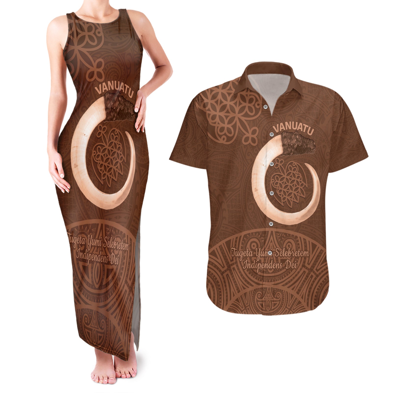 Vanuatu Indipendens Dei Couples Matching Tank Maxi Dress and Hawaiian Shirt Yumi Sand Drawing Turtle Mix Lapita LT14 Brown - Polynesian Pride