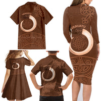 Vanuatu Indipendens Dei Family Matching Long Sleeve Bodycon Dress and Hawaiian Shirt Yumi 44th Sand Drawing Turtle Mix Lapita
