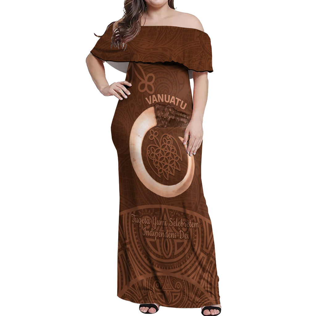 Vanuatu Indipendens Dei Off Shoulder Maxi Dress Yumi Sand Drawing Turtle Mix Lapita LT14 Women Brown - Polynesian Pride