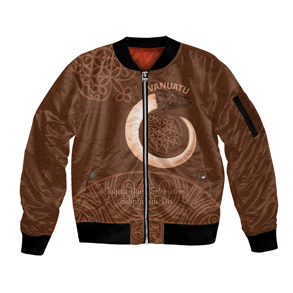 Vanuatu Indipendens Dei Sleeve Zip Bomber Jacket Yumi Sand Drawing Turtle Mix Lapita LT14 Unisex Brown - Polynesian Pride