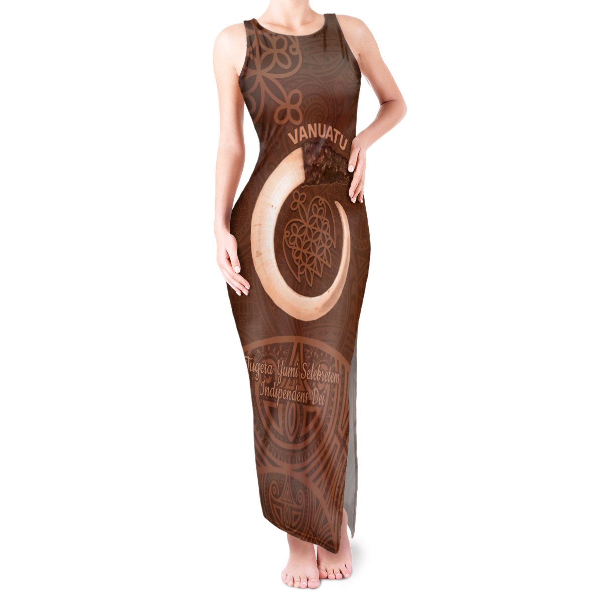 Vanuatu Indipendens Dei Tank Maxi Dress Yumi Sand Drawing Turtle Mix Lapita LT14 Women Brown - Polynesian Pride