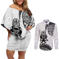 Custom Aotearoa Football Couples Matching Off Shoulder Short Dress and Long Sleeve Button Shirt NZ Maori Tiki Go Champions