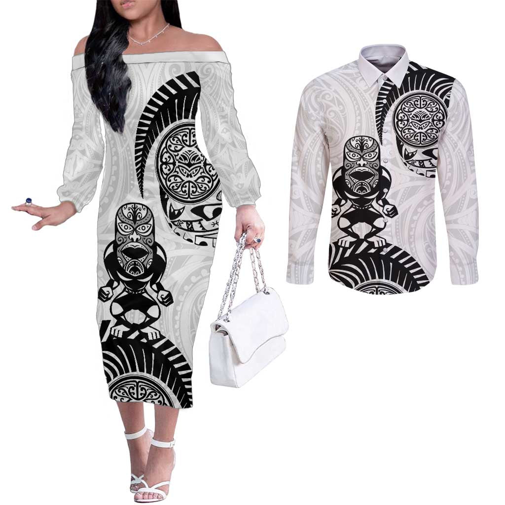 Custom Aotearoa Football Couples Matching Off The Shoulder Long Sleeve Dress and Long Sleeve Button Shirt NZ Maori Tiki Go Champions