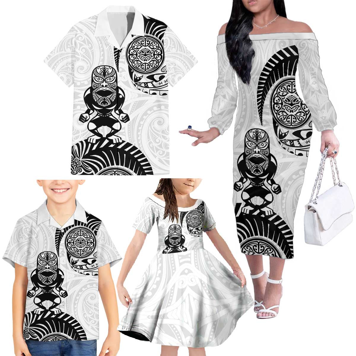 Custom Aotearoa Football Family Matching Off The Shoulder Long Sleeve Dress and Hawaiian Shirt NZ Maori Tiki Go Champions
