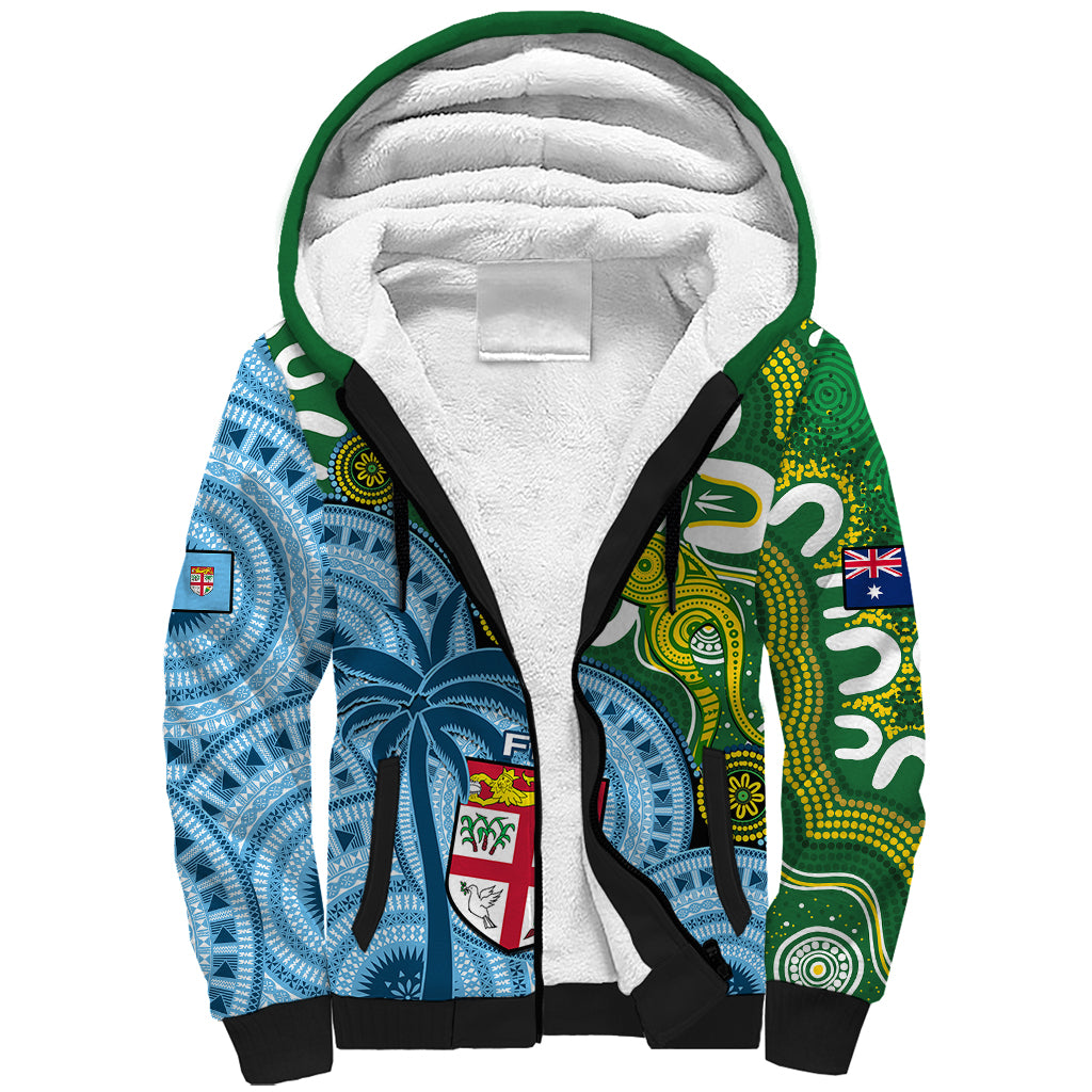 Personalised Australia And Fiji Sherpa Hoodie Aboriginal Mix Fijian Tapa Unique Style LT14 Unisex Green - Polynesian Pride