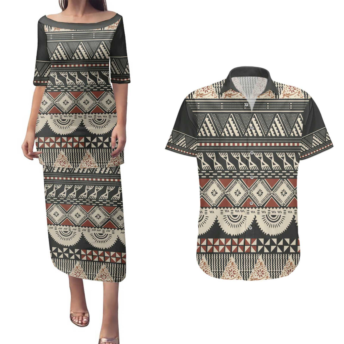 Vintage Bula Fiji Masi Couples Matching Puletasi and Hawaiian Shirt Fijian Tapa Cloth - Polynesian Pride