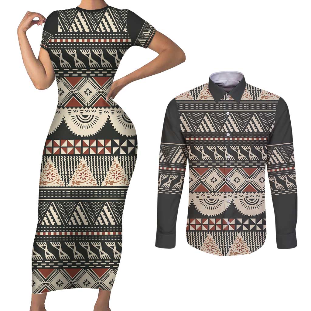 Vintage Bula Fiji Masi Couples Matching Short Sleeve Bodycon Dress and Long Sleeve Button Shirt Fijian Tapa Cloth - Polynesian Pride