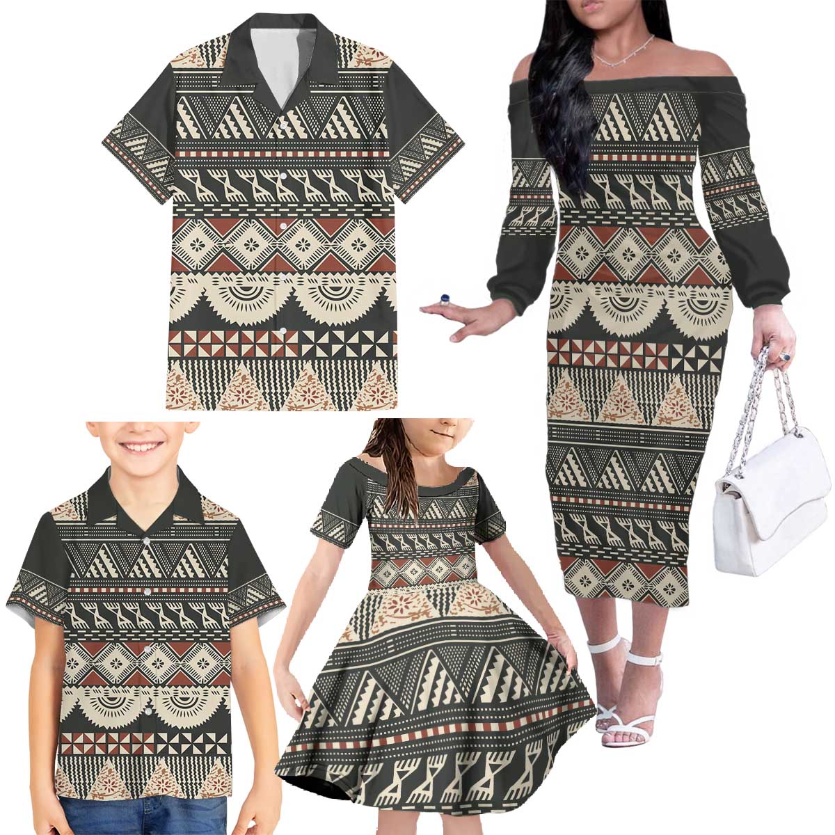 Vintage Bula Fiji Masi Family Matching Off The Shoulder Long Sleeve Dress and Hawaiian Shirt Fijian Tapa Cloth - Polynesian Pride