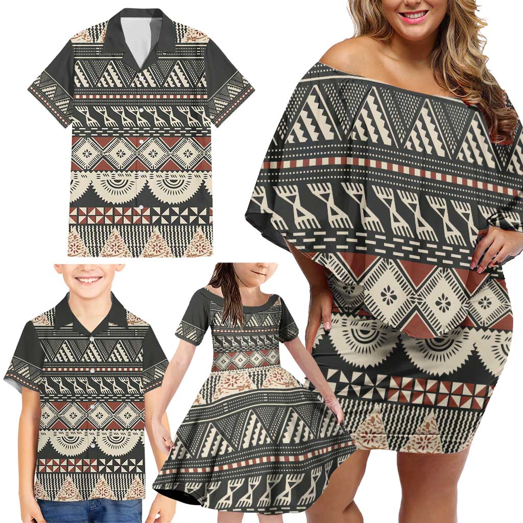 Vintage Bula Fiji Masi Family Matching Off Shoulder Short Dress and Hawaiian Shirt Fijian Tapa Cloth - Polynesian Pride