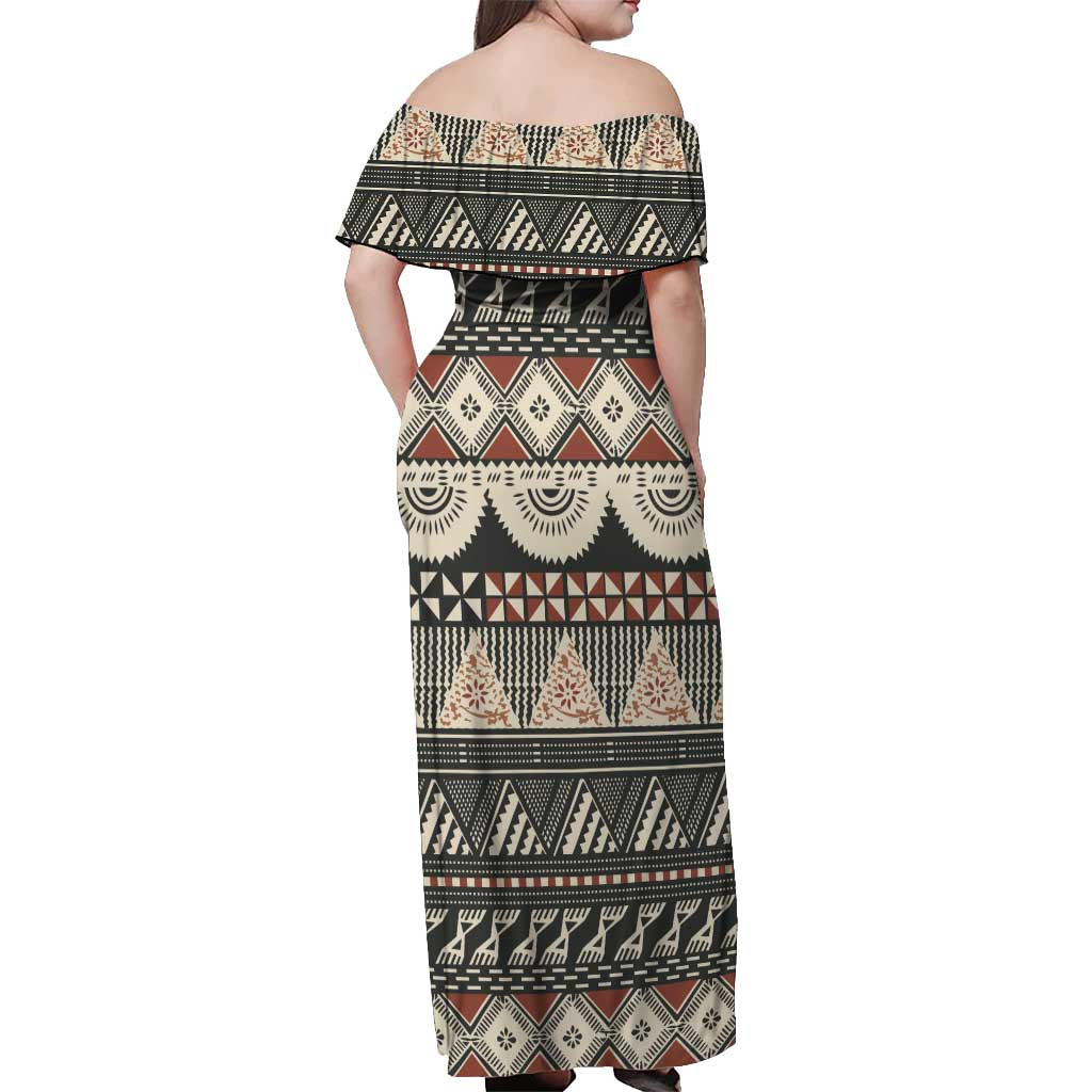 Vintage Bula Fiji Masi Off Shoulder Maxi Dress Fijian Tapa Cloth - Polynesian Pride