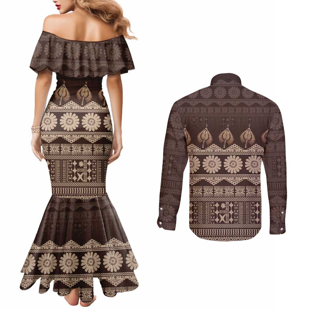 Bula Fiji Iri ni Meke Couples Matching Mermaid Dress and Long Sleeve Button Shirt Kuvui Fijian Masi - Polynesian Pride
