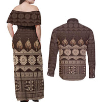 Bula Fiji Iri ni Meke Couples Matching Off Shoulder Maxi Dress and Long Sleeve Button Shirt Kuvui Fijian Masi - Polynesian Pride
