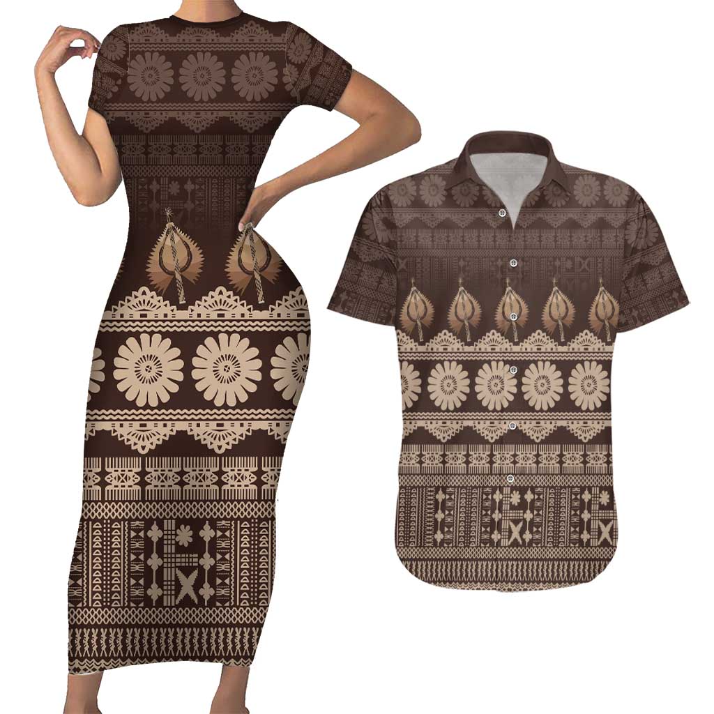 Bula Fiji Iri ni Meke Couples Matching Short Sleeve Bodycon Dress and Hawaiian Shirt Kuvui Fijian Masi - Polynesian Pride