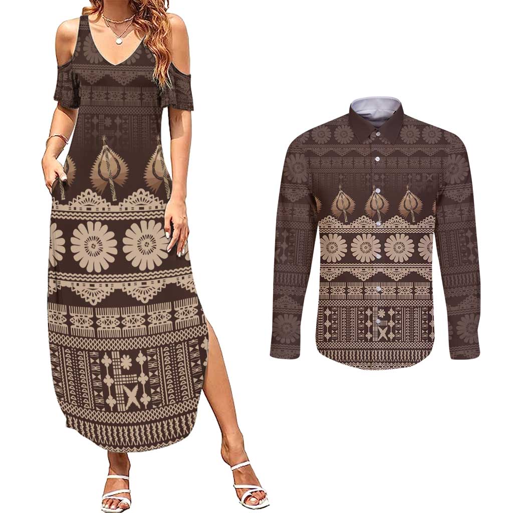 Bula Fiji Iri ni Meke Couples Matching Summer Maxi Dress and Long Sleeve Button Shirt Kuvui Fijian Masi - Polynesian Pride