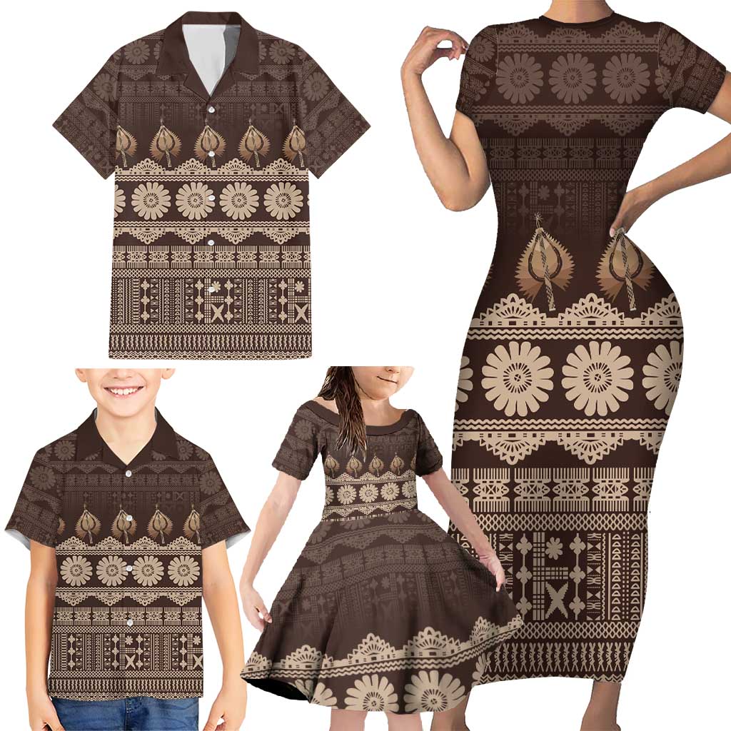 Bula Fiji Iri ni Meke Family Matching Short Sleeve Bodycon Dress and Hawaiian Shirt Kuvui Fijian Masi - Polynesian Pride