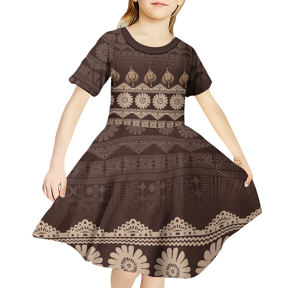 Bula Fiji Iri ni Meke Kid Short Sleeve Dress Kuvui Fijian Masi - Polynesian Pride