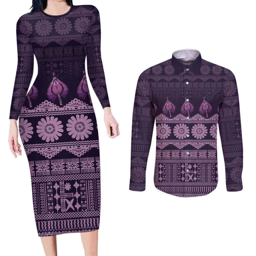 Bula Fiji Iri ni Meke Couples Matching Long Sleeve Bodycon Dress and Long Sleeve Button Shirt Lokaloka Fijian Masi - Polynesian Pride