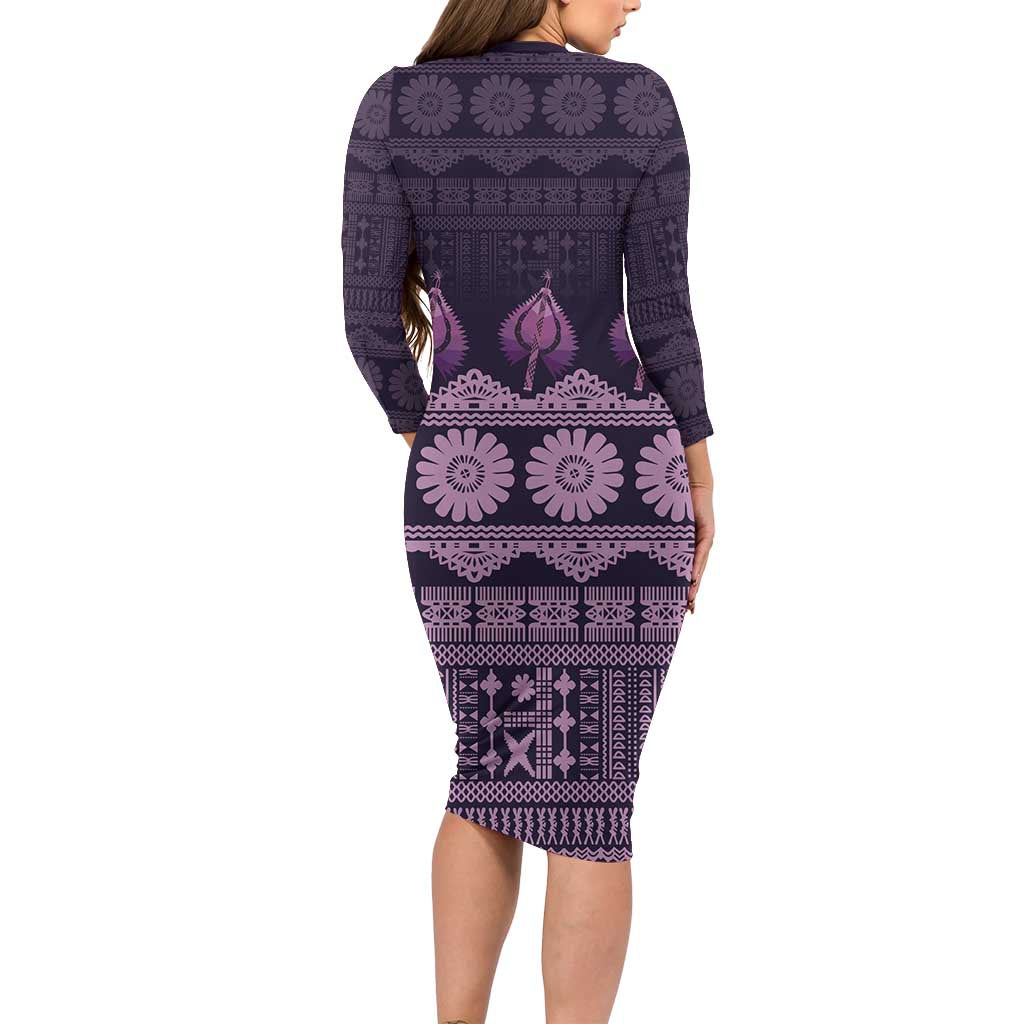 Bula Fiji Iri ni Meke Long Sleeve Bodycon Dress Lokaloka Fijian Masi - Polynesian Pride