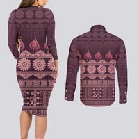 Bula Fiji Iri ni Meke Couples Matching Long Sleeve Bodycon Dress and Long Sleeve Button Shirt Piqi Fijian Masi - Polynesian Pride