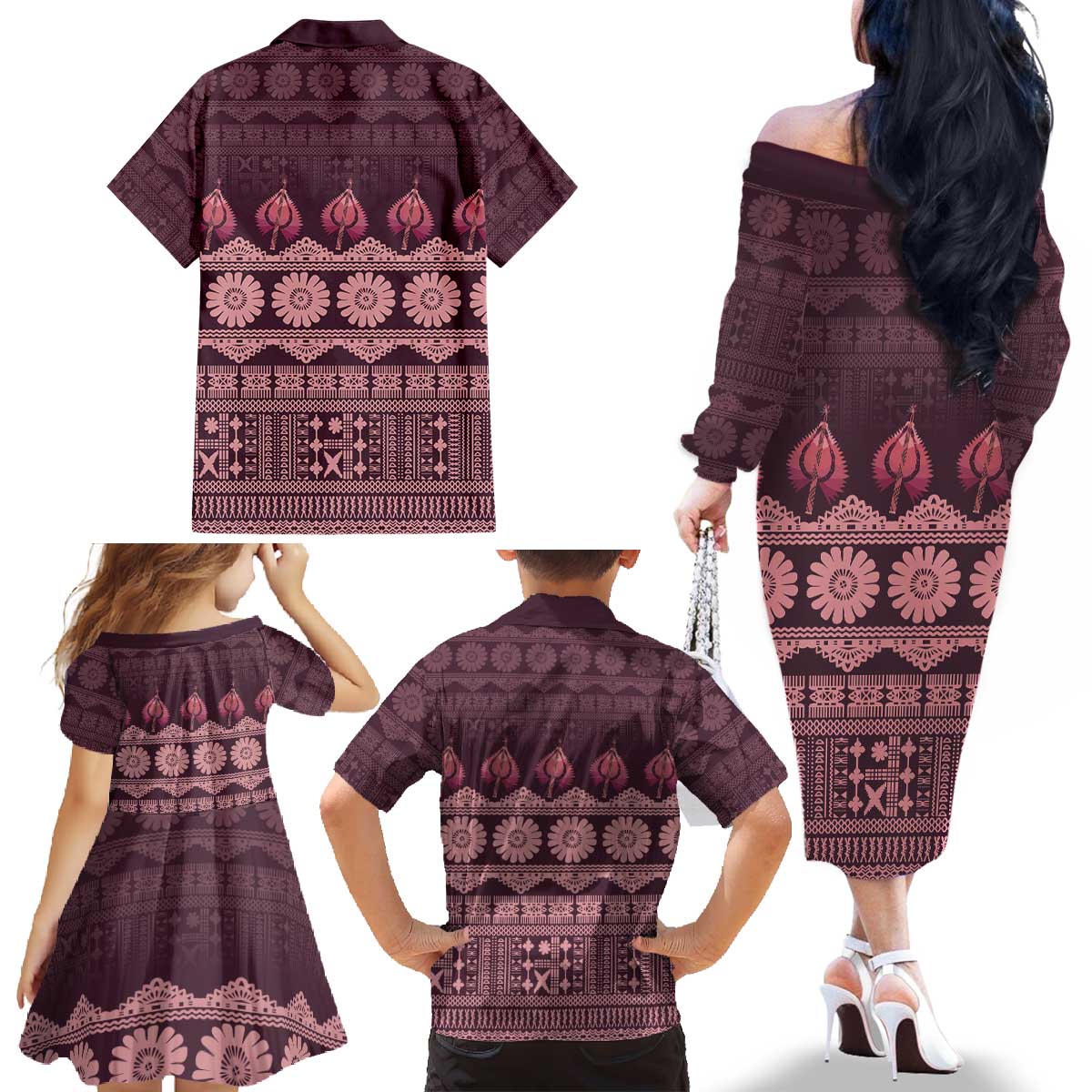 Bula Fiji Iri ni Meke Family Matching Off The Shoulder Long Sleeve Dress and Hawaiian Shirt Piqi Fijian Masi - Polynesian Pride