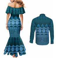 Bula Fiji Iri ni Meke Couples Matching Mermaid Dress and Long Sleeve Button Shirt Karakarawa Fijian Masi - Polynesian Pride