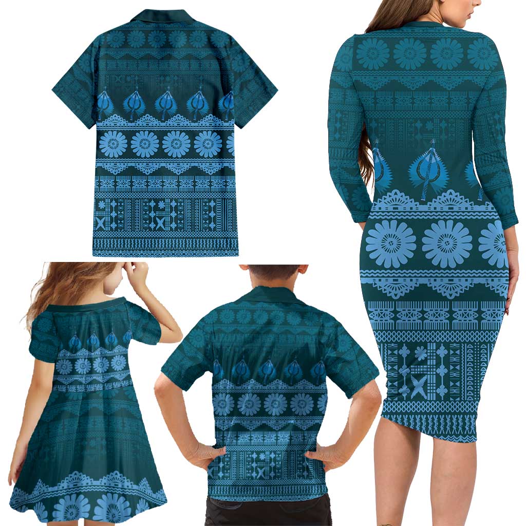 Bula Fiji Iri ni Meke Family Matching Long Sleeve Bodycon Dress and Hawaiian Shirt Karakarawa Fijian Masi - Polynesian Pride