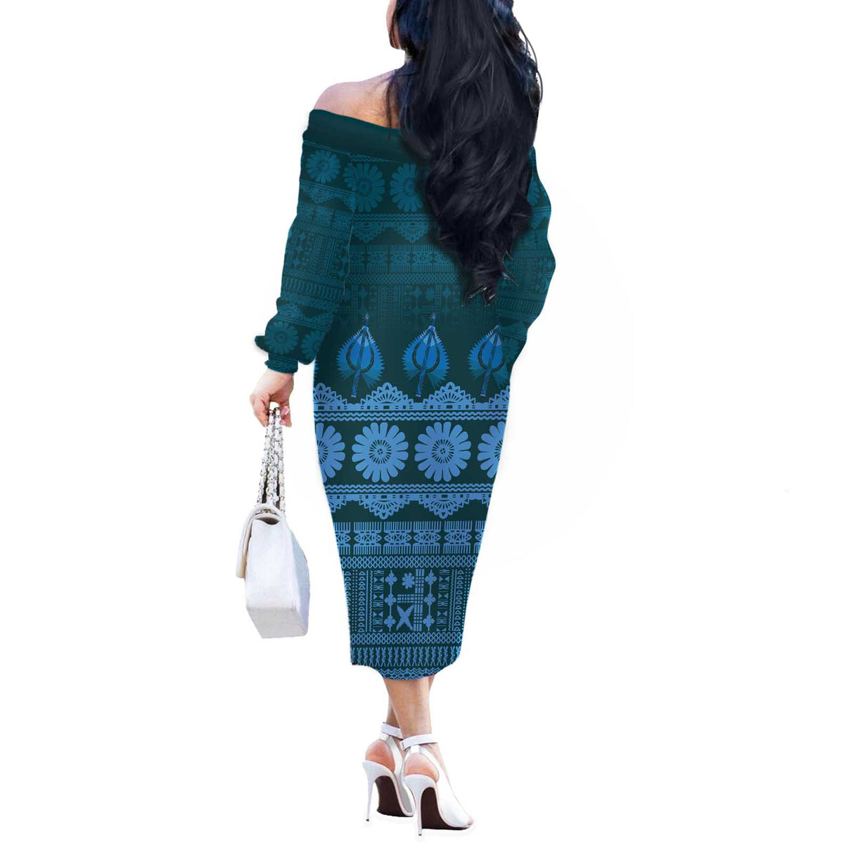 Bula Fiji Iri ni Meke Off The Shoulder Long Sleeve Dress Karakarawa Fijian Masi - Polynesian Pride