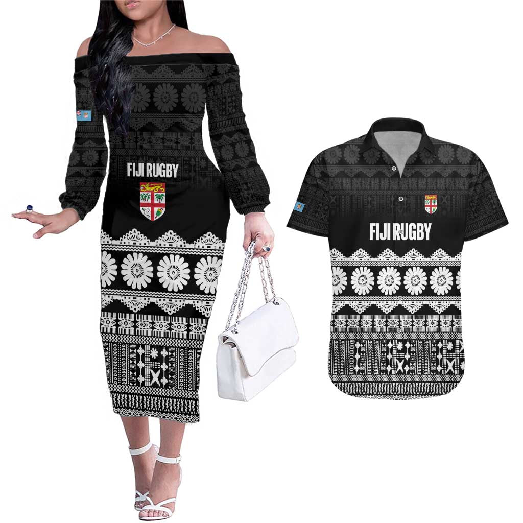 Fiji Tapa Rugby Custom Couples Matching Off The Shoulder Long Sleeve Dress and Hawaiian Shirt Go Fijiana - Polynesian Pride